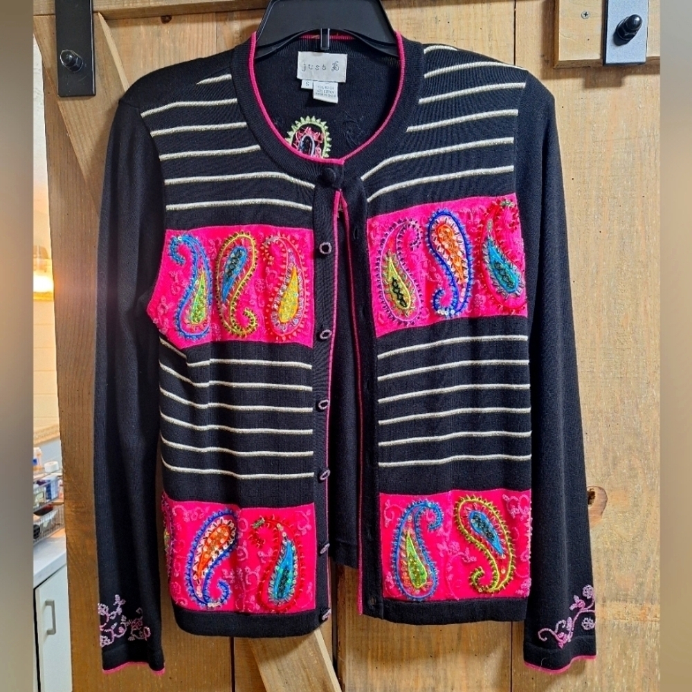A vintage Just B embroidered and embellished sweater in a ladies' size small.